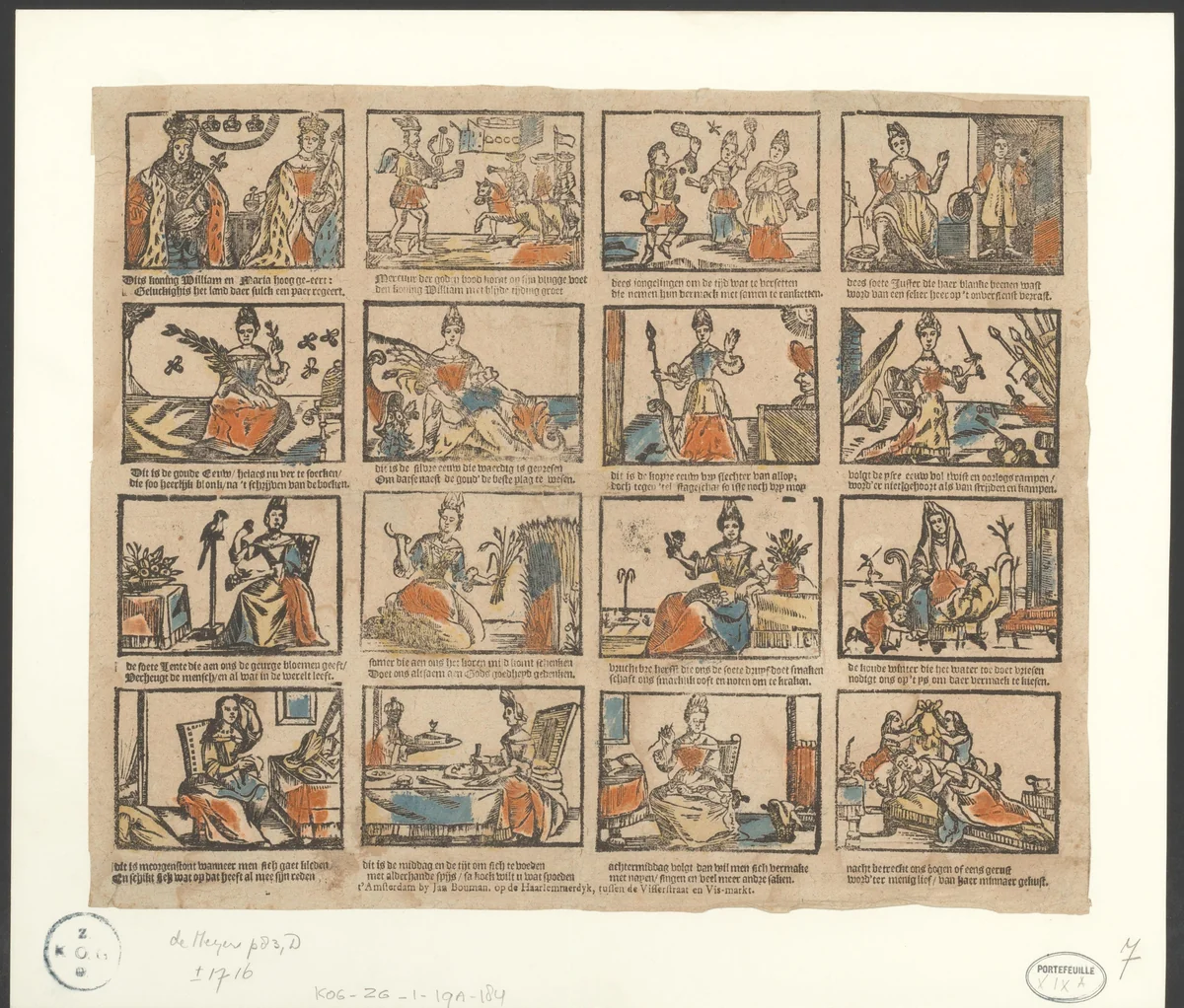 Willem III en Maria Stuart met de vier eeuwen, de vier jaargetijden en de vier tijden van de dag by anonymous, print, 1704-1716