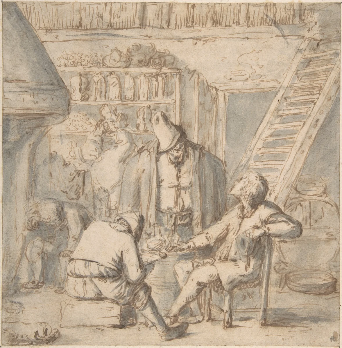 Drinkers in a Tavern by Adriaen van Ostade, drawing, 1625-1685