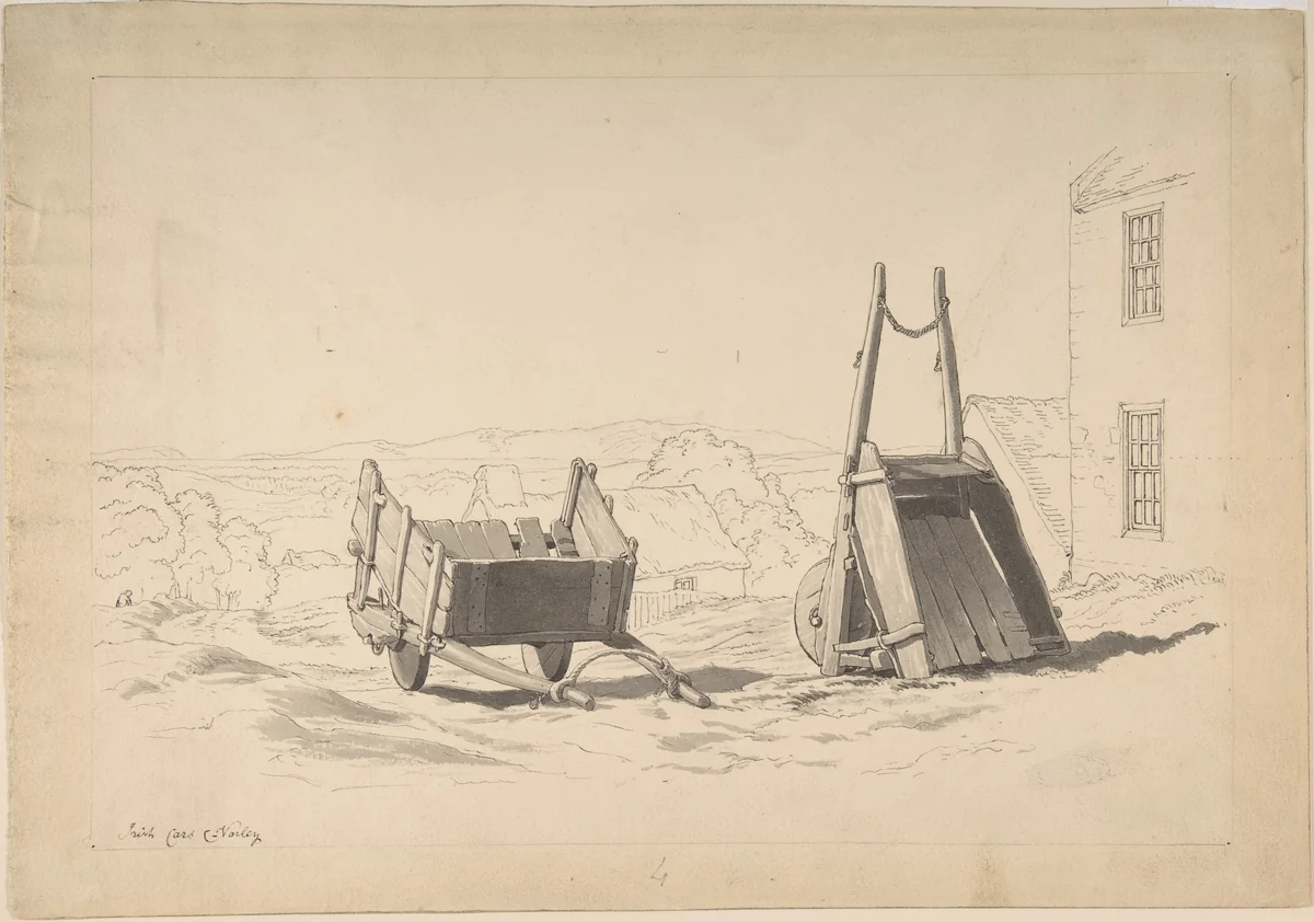Irish cars (Study of two carts in a landscape) by Cornelius Varley, drawing, 1800-1873