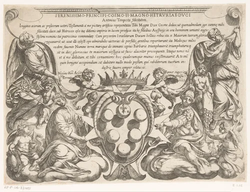 Titelprent met opdracht aan en wapen van Cosimo II de'Medici en voorstellingen van Rechtvaardigheid, Voorzichtigheid, Roem en Edelmoedigheid by Antonio Tempesta, print, 1613