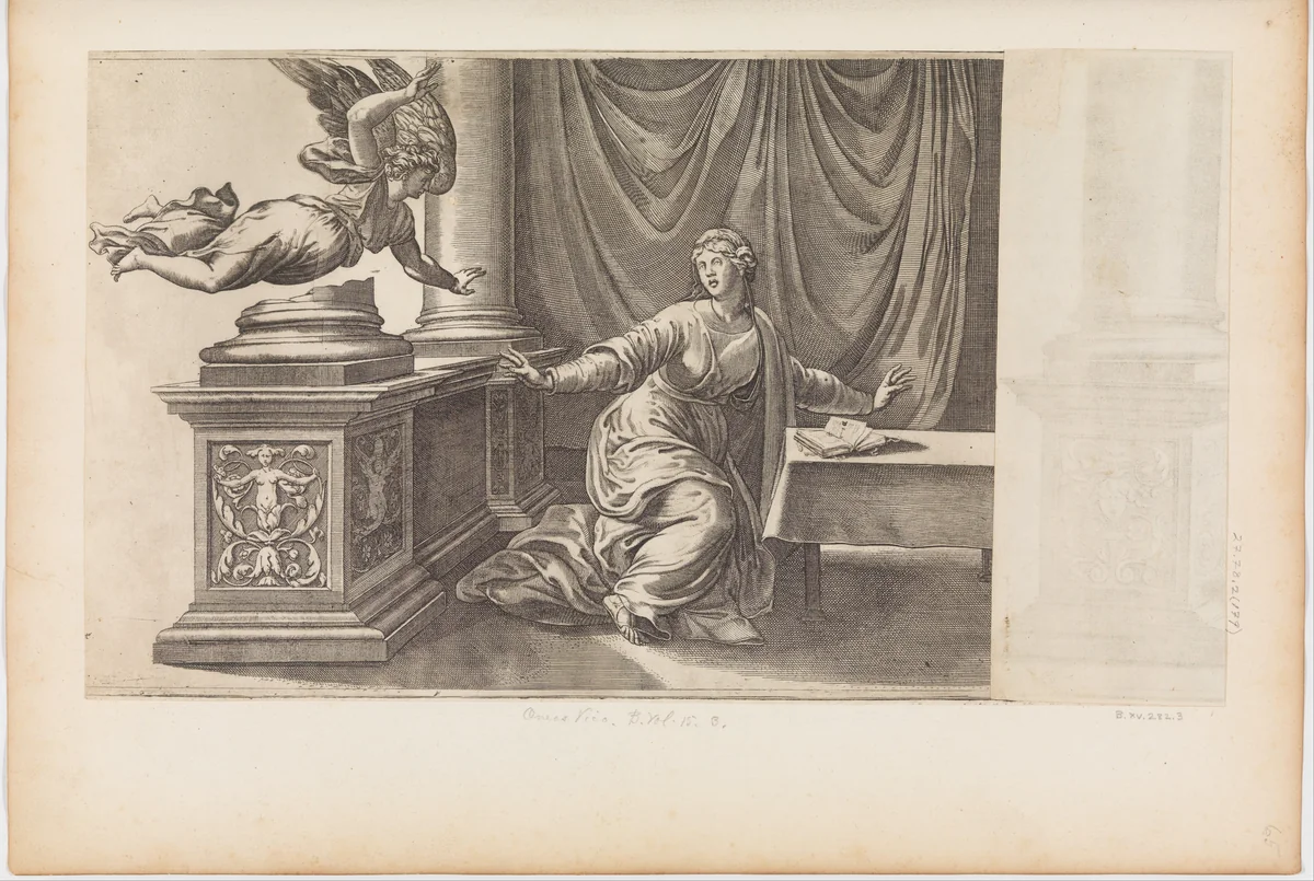 The Annunciation with Flying Angel by Enea Vico, print, 1548