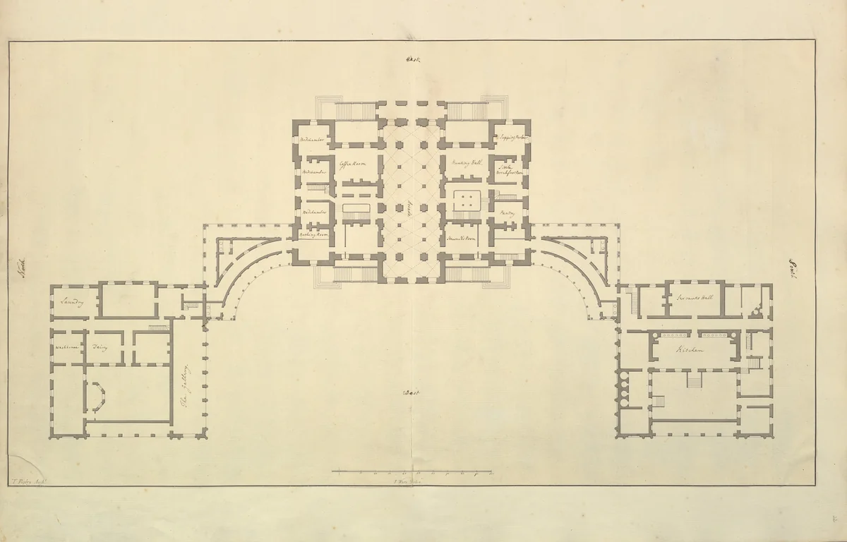 Houghton Hall, Norfolk, Ground Floor (Basement) Plan by Isaac Ware, drawing, 1735
