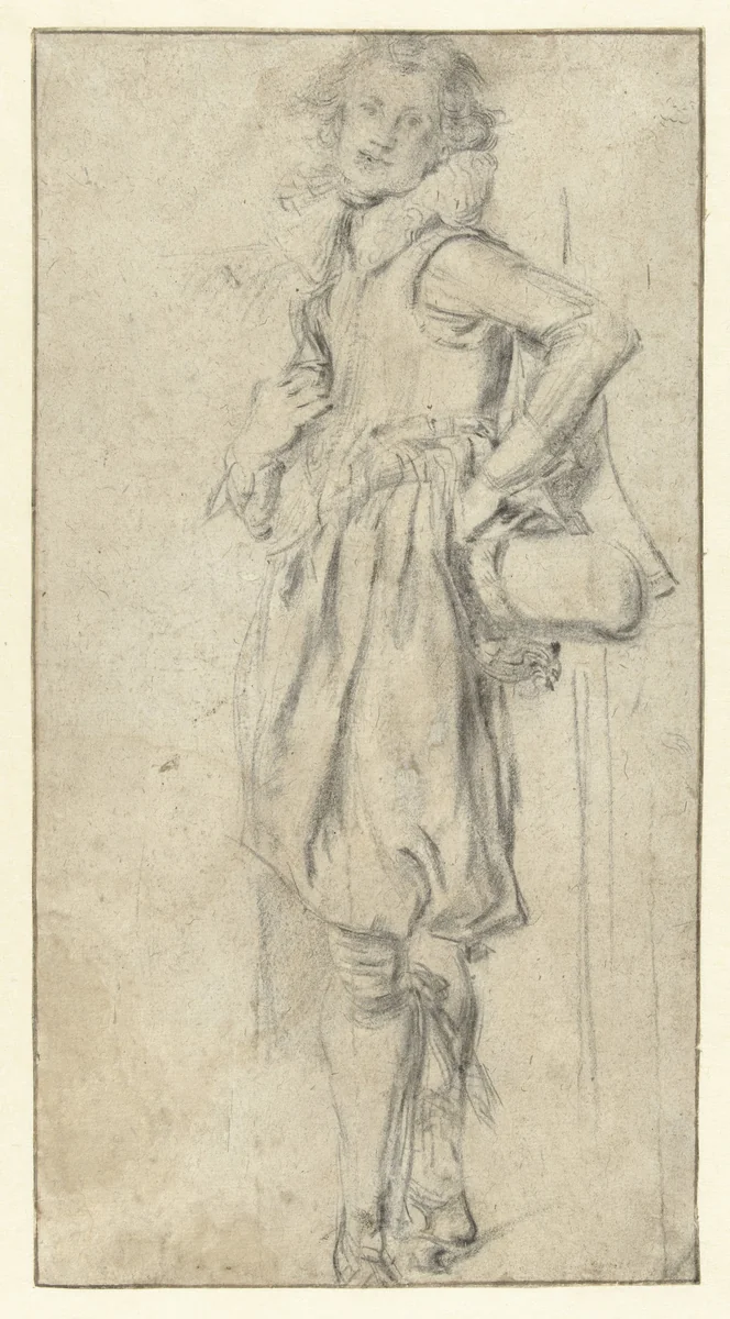Staande jongeman met een hoed in de hand by Willem Pietersz Buytewech, drawing, 1600-1624