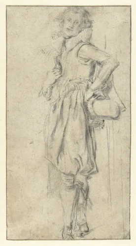 Staande jongeman met een hoed in de hand by Willem Pietersz Buytewech, drawing, 1600-1624