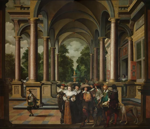 Galerij van een paleis met ornamentale architectuur en zuilen by Dirck van Delen, painting, 1630-1632