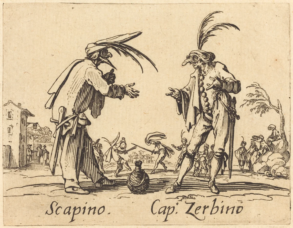 Scapino and Cap. Zerbino by Jacques Callot, print, 1622
