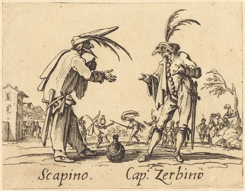 Scapino and Cap. Zerbino by Jacques Callot, print, 1622