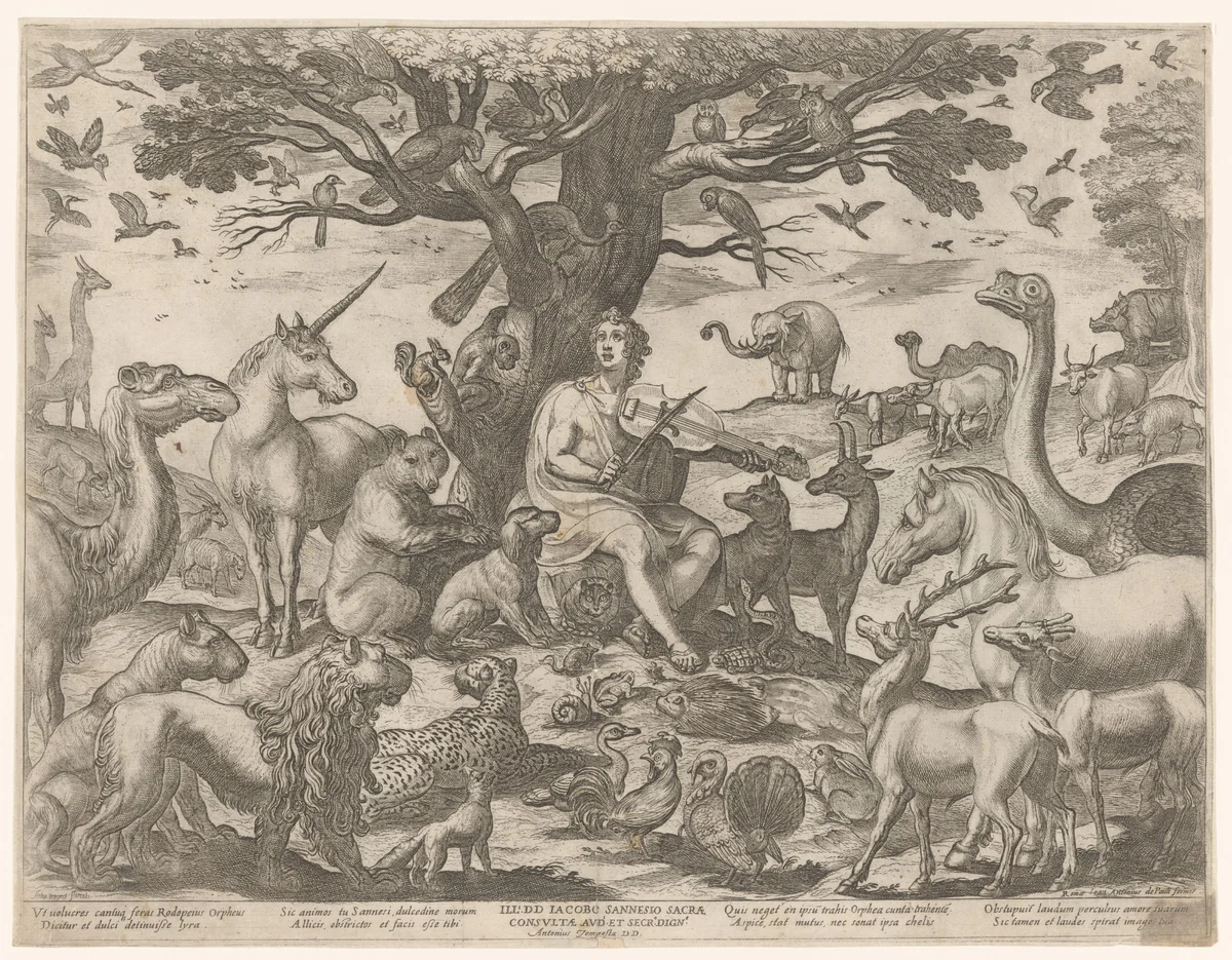 Orpheus betovert de dieren met zijn muziek by Unknown, print, 1565-1630