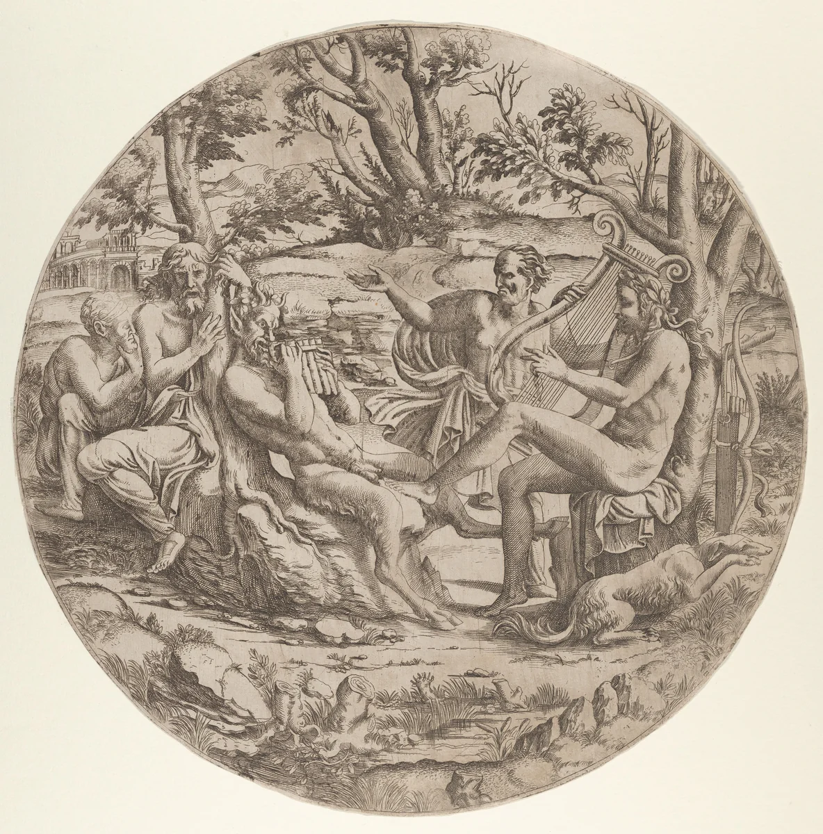 Contest between Apollo and Marsyas by anonymous, print, 1540-1560