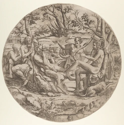 Contest between Apollo and Marsyas by anonymous, print, 1540-1560