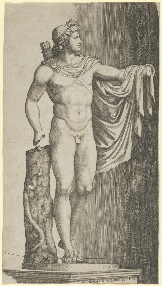 The Apollo Belvedere from the Vatican his left hand resting on the tree trunk around which coils a python by Marcantonio Raimondi, print, 1505-1515