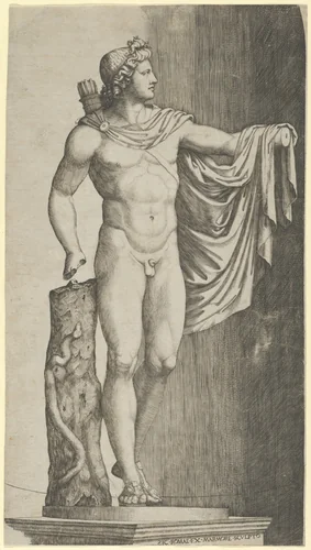 The Apollo Belvedere from the Vatican his left hand resting on the tree trunk around which coils a python by Marcantonio Raimondi, print, 1505-1515