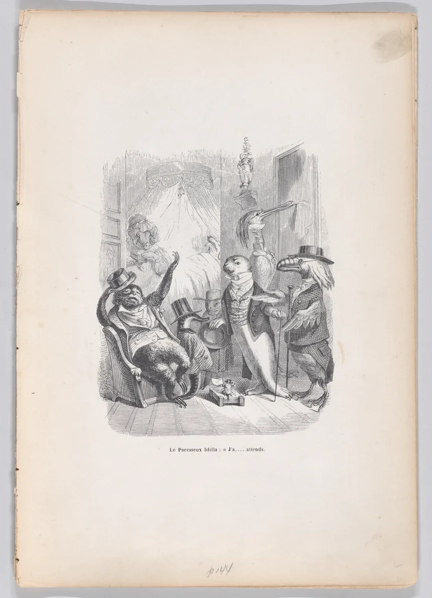 The Sloth yawned: 'I had...waited', from "Scenes from the Private and Public Life of Animals" by J. J. Grandville, print, 1832-1852
