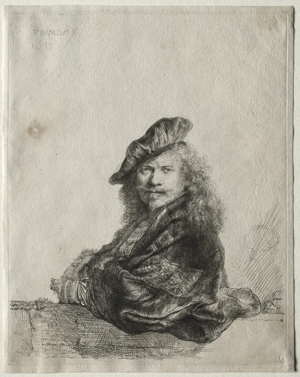 Self-Portrait Leaning on a Stone Sill by Rembrandt van Rijn, print, 1639