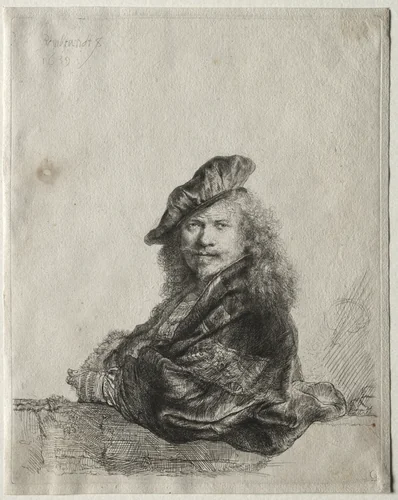 Self-Portrait Leaning on a Stone Sill by Rembrandt van Rijn, print, 1639