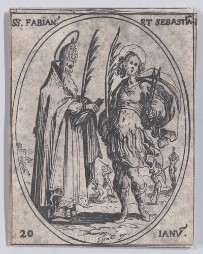S. Fabien et S. Sébastien (St. Fabian and St. Sebastian), January 20th, from "Les Images De Tous Les Saincts et Saintes de L'Année" (Images of All of the Saints and Feast Days of the Year) by Jacques Callot, print, 1636