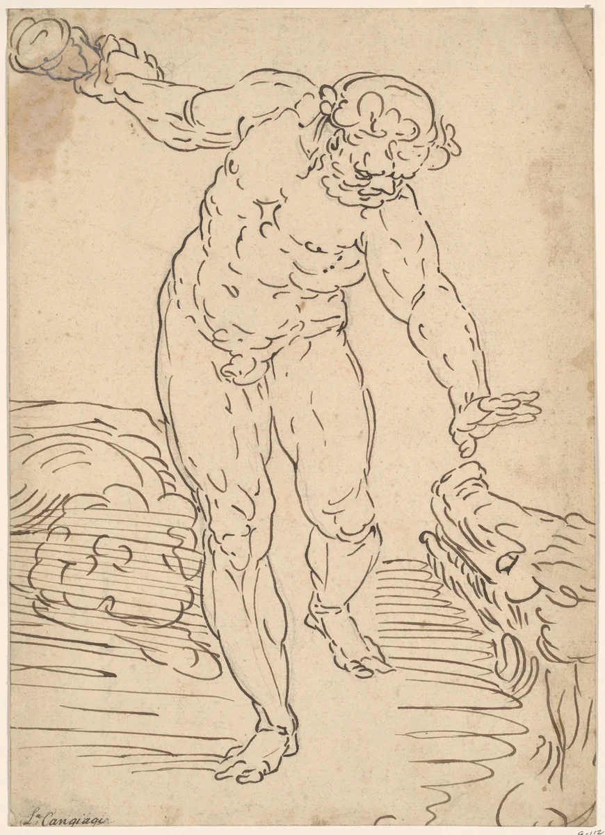 Hercules and the Erymanthian Boar by School of Cambiaso, drawing, 1547-1553