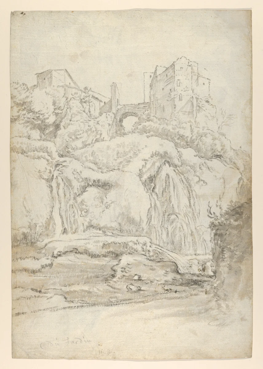View of a Bridge and Waterfalls in Tivoli (recto); View of a Waterfall in Tivoli From Within a Cave (verso) by Guilliam du Gardijn, drawing, 1640-1645