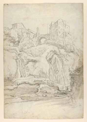 View of a Bridge and Waterfalls in Tivoli (recto); View of a Waterfall in Tivoli From Within a Cave (verso) by Guilliam du Gardijn, drawing, 1640-1645