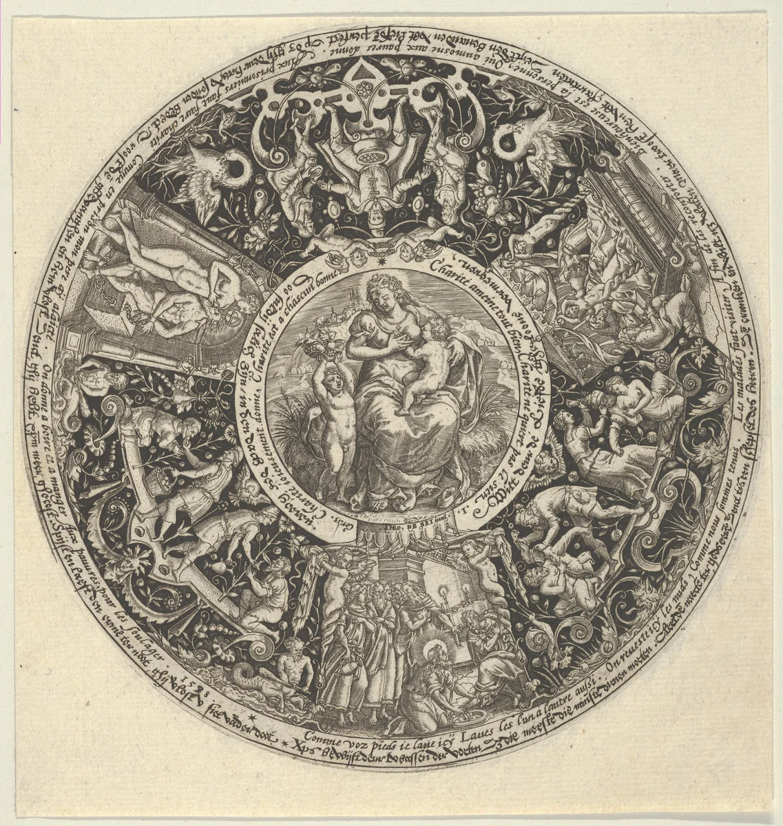 Charitas and the Acts of Charity, from a Series of Tazza Designs by Theodor de Bry, print, 1583-1593