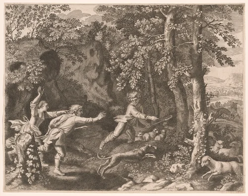 The Wolf Hunt, Plate 5 from Pastorales by Claudine Bouzonnet-Stella, print, 1667