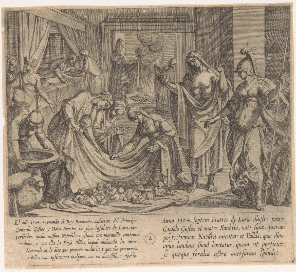 Pallas prijst Natuur bij de geboorte van de zeven zonen van Lara by Antonio Tempesta, print, 1612