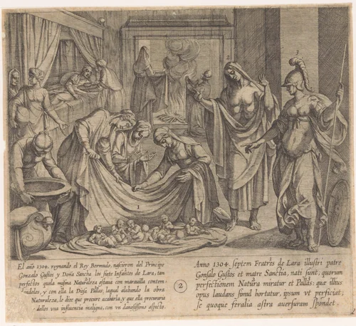 Pallas prijst Natuur bij de geboorte van de zeven zonen van Lara by Antonio Tempesta, print, 1612
