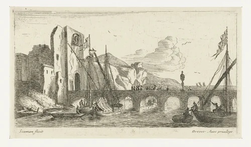 Brug bij een ruïne by anonymous, print, 1650-1738