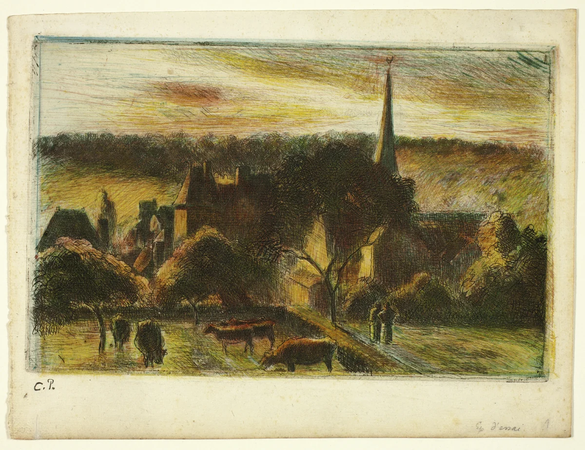 Church and Farm at Éragny by Camille Pissarro, print, 1895
