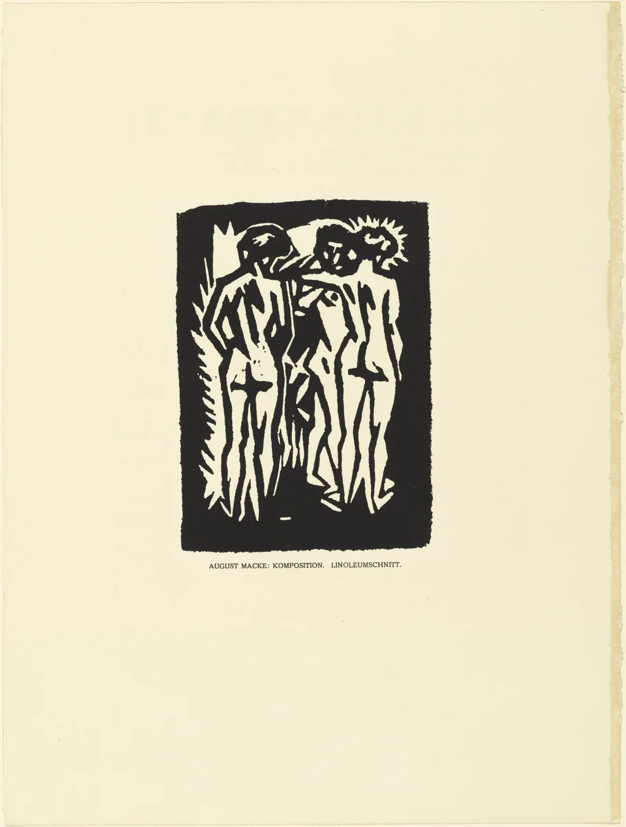 Composition (3 Nudes) [Komposition (3 Akte)] (plate, preceding p. 79) from the periodical Das Kunstblatt, vol. 2, no. 4 (Apr 1918) by August Macke, print, 1918
