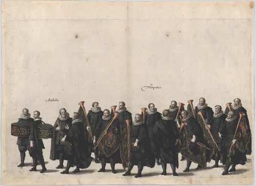 Plate 28: Drummers and trumpet players marching in the funeral procession of Archduke Albert of Austria; from 'Pompa Funebris ... Alberti Pii' by Cornelis Galle, print, 1623