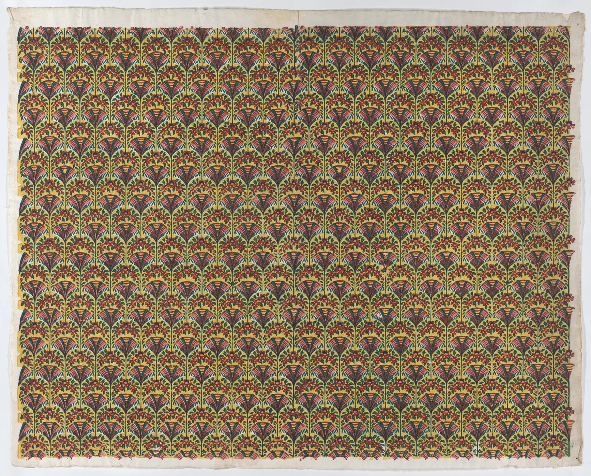 Sheet with overall fan design in yellow, green, and red by anonymous, print, 1775-1875