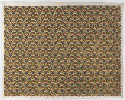 Sheet with overall fan design in yellow, green, and red by anonymous, print, 1775-1875