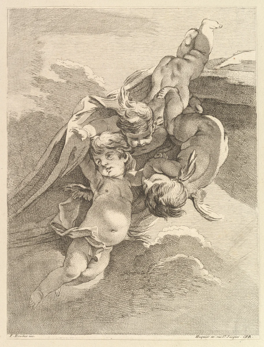 Trois Amours soutenant une draperie (Three Loves Holding a Drapery), from Premier Livre de Groupes d'Enfans (First Book of Groups of Children) by Pierre Alexandre Aveline, print, 1702-1760