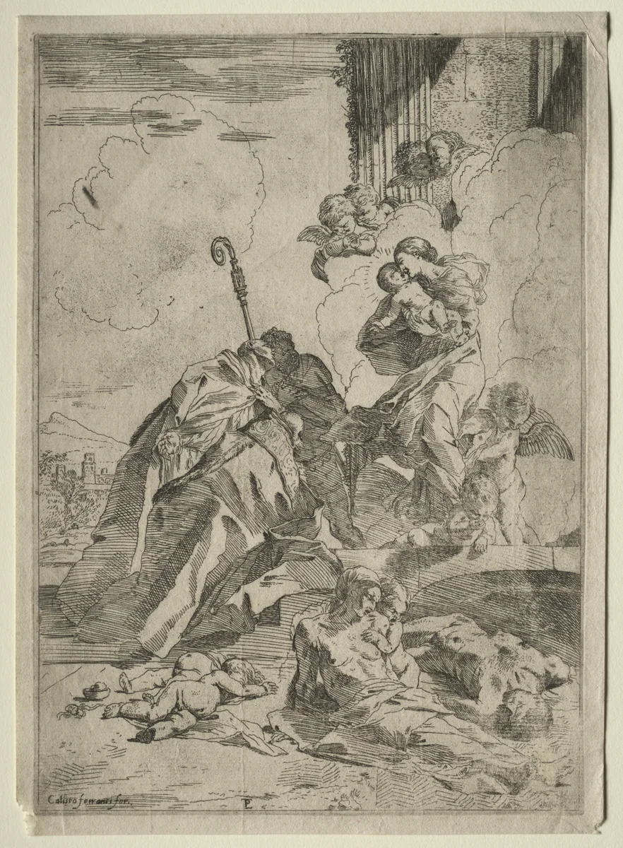 Three Lucchese Saints interceding with the Virgin for the Victims of the plague by Pietro Testa, print, 1625-1635