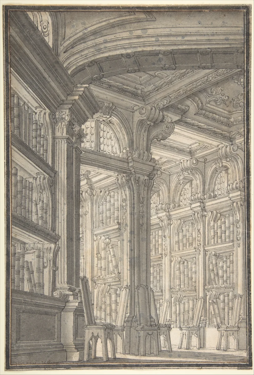 Foreshortening of a Library by Carlo Galli Bibiena, drawing, 1728-1778
