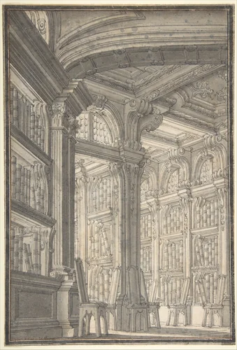 Foreshortening of a Library by Carlo Galli Bibiena, drawing, 1728-1778
