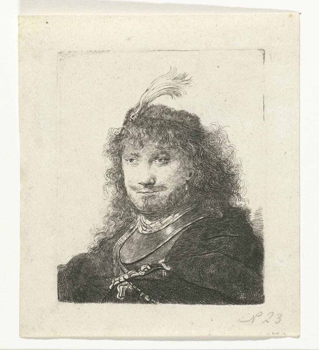 Self-portrait (?) with plumed cap and lowered sabre by anonymous, print, 1634