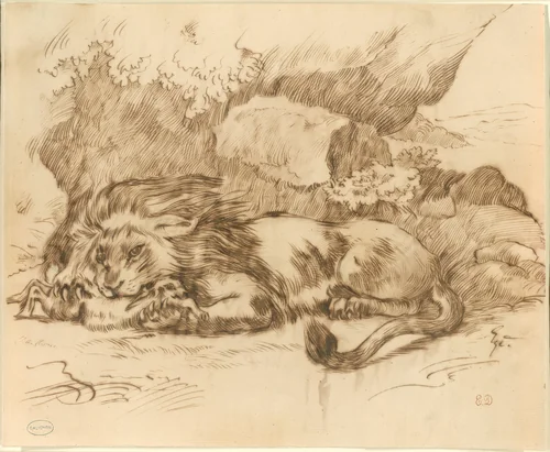 Lion Devouring a Rabbit by Eugène Delacroix, print, 1818-1863