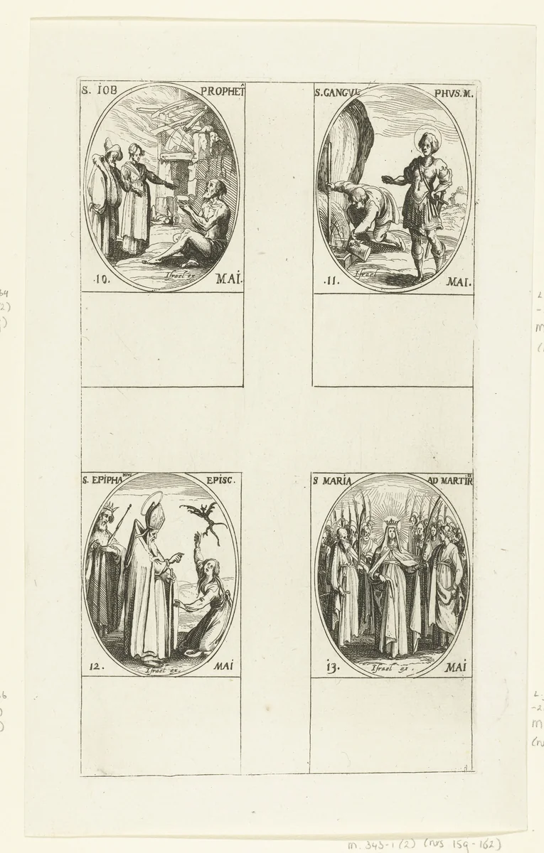Heilige Job, Heilige Gangulphus van Varennes, Heilige Epiphanius van Salamis, Maria te midden van de martelaren (Maria-ter-Martelaren) (10-13 mei) by Jacques Callot, print, 1632-1636