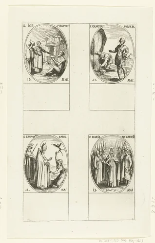 Heilige Job, Heilige Gangulphus van Varennes, Heilige Epiphanius van Salamis, Maria te midden van de martelaren (Maria-ter-Martelaren) (10-13 mei) by Jacques Callot, print, 1632-1636