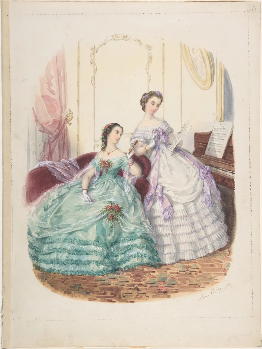 Fashion Study: Two Women in Evening Dress by Adèle-Anaïs Toudouze, drawing, 1855-1865