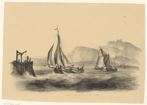 Drie zeilboten op het water bij een haven by anonymous, print, 1825