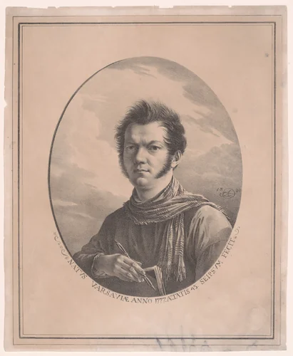 Self-portrait with an album and pen by Aleksandr Orlovsky, print, 1819