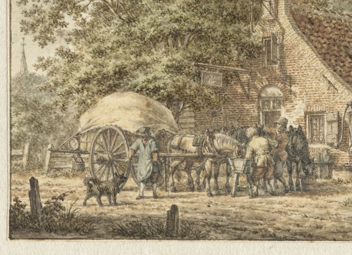 Halte voor een herberg in zomertijd by Jacob Cats, drawing, 1781