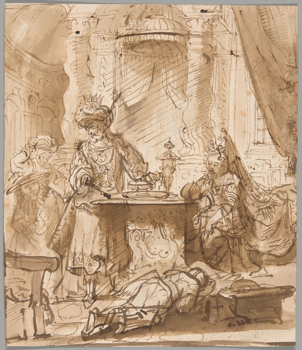 The Degradation of Haman before Ahasuerus and Esther by Rembrandt van Rijn, drawing, 1630-1639