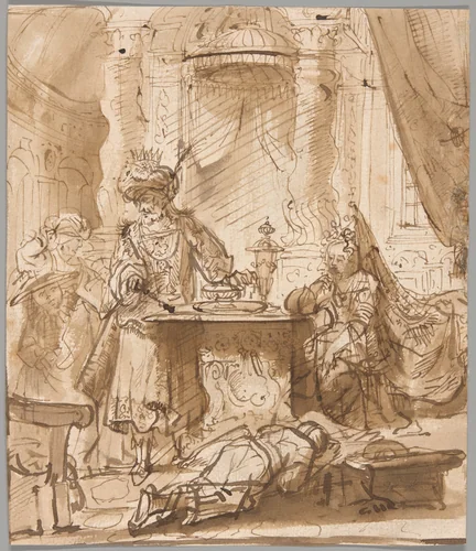 The Degradation of Haman before Ahasuerus and Esther by Rembrandt van Rijn, drawing, 1630-1639