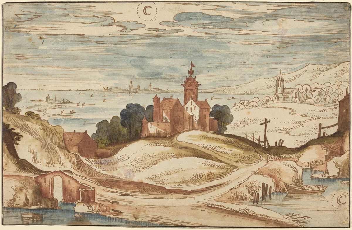 Landscape with Chateau on a Hill by Joos de Momper II, drawing, 1564-1635