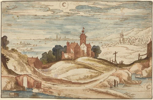 Landscape with Chateau on a Hill by Joos de Momper II, drawing, 1564-1635
