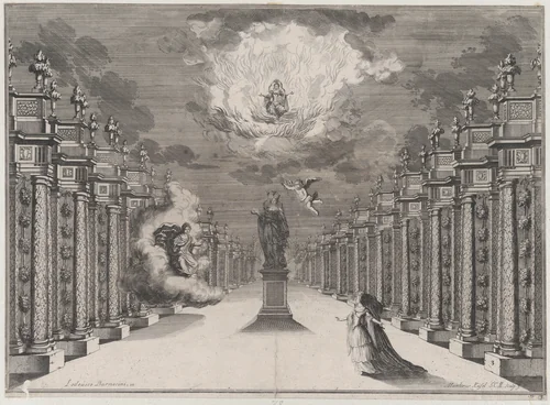 A woman standing on the right side of a road lined with columns; at center a statue of a female with cupid flying nearby; to the left, a woman emerging from the clouds as another sits among flames above; set design from 'Il Fuoco Eterno' by Mathäus Küsel, print, 1674